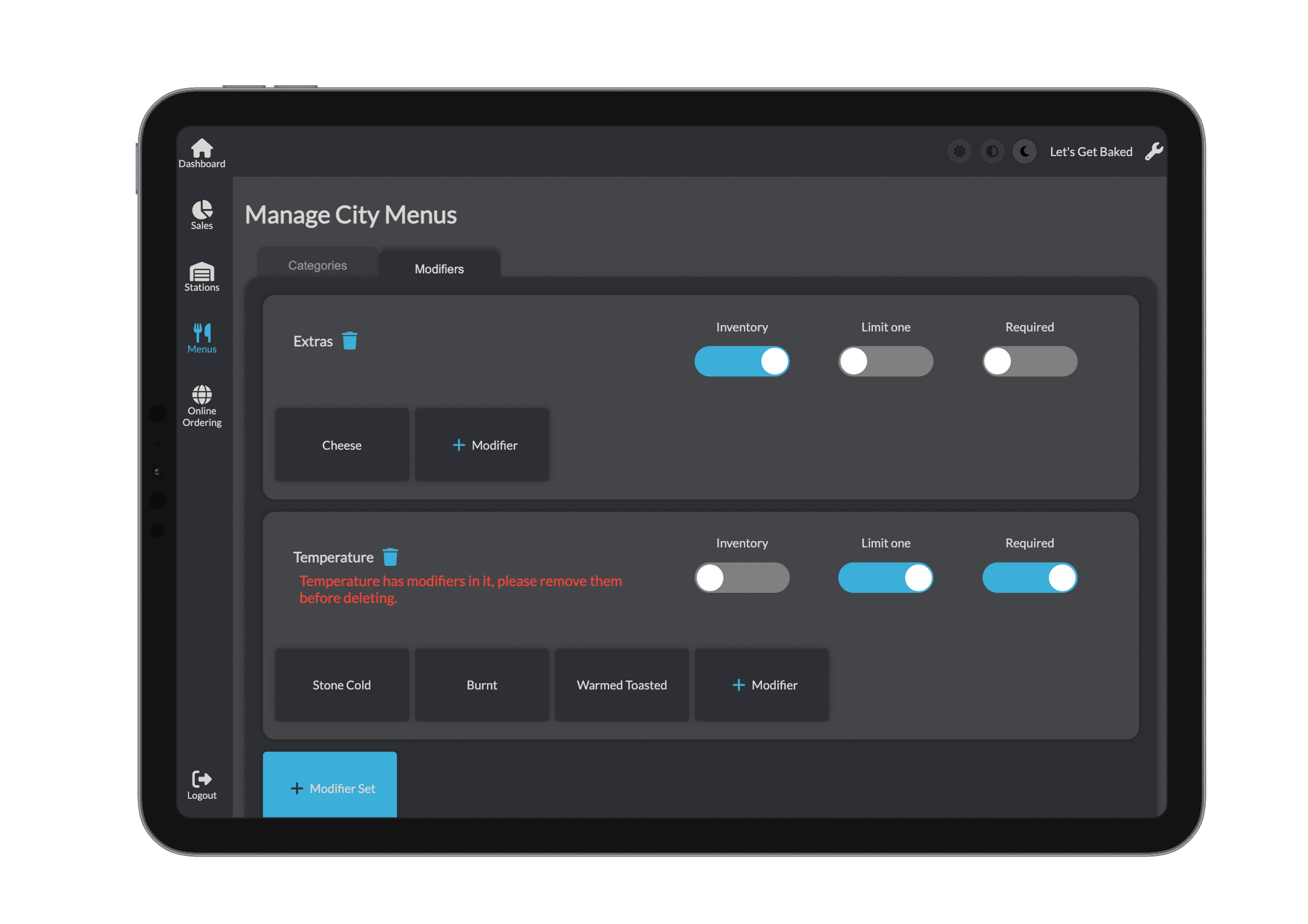 Modifier Delete Warning