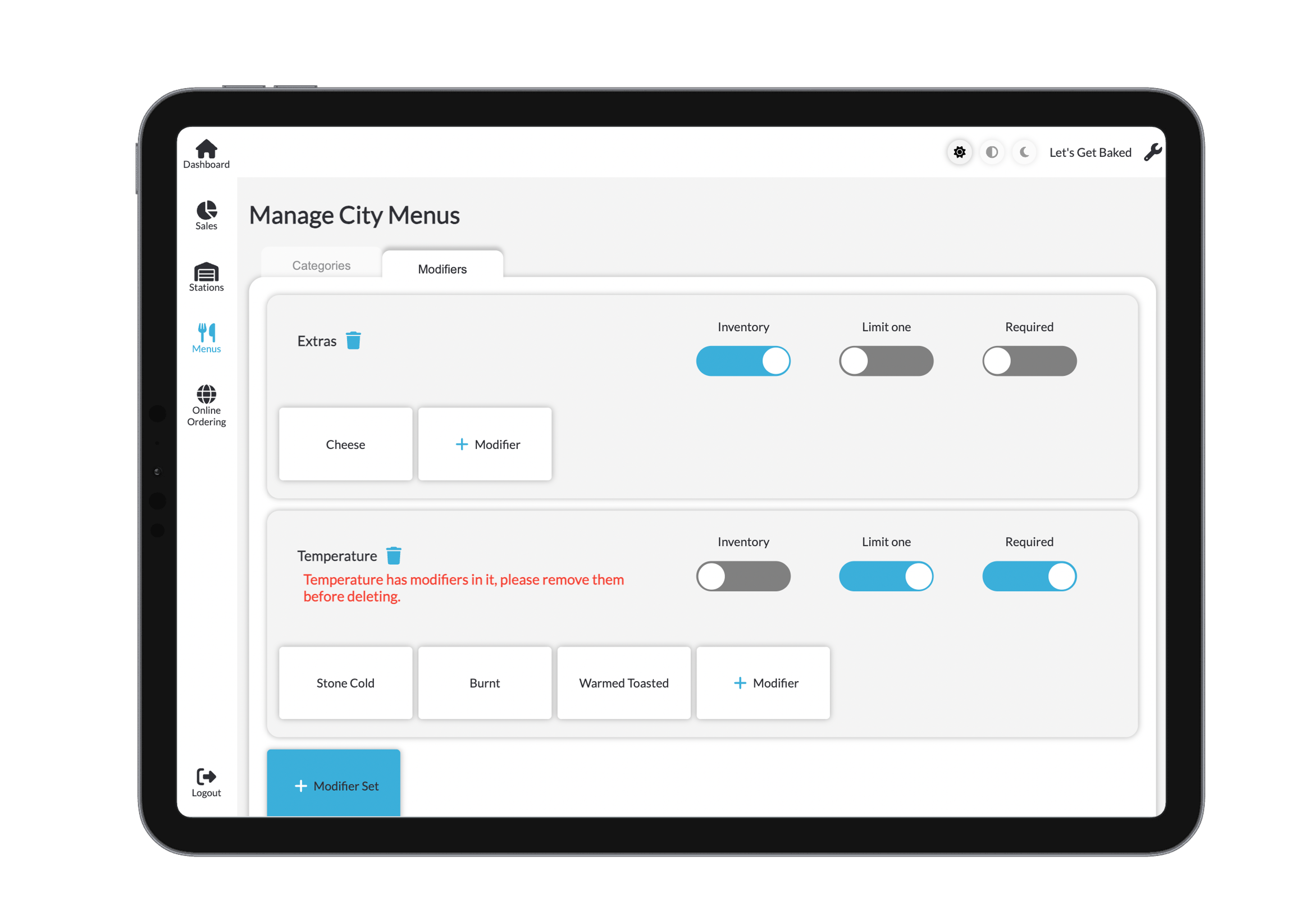 Modifier Delete Warning